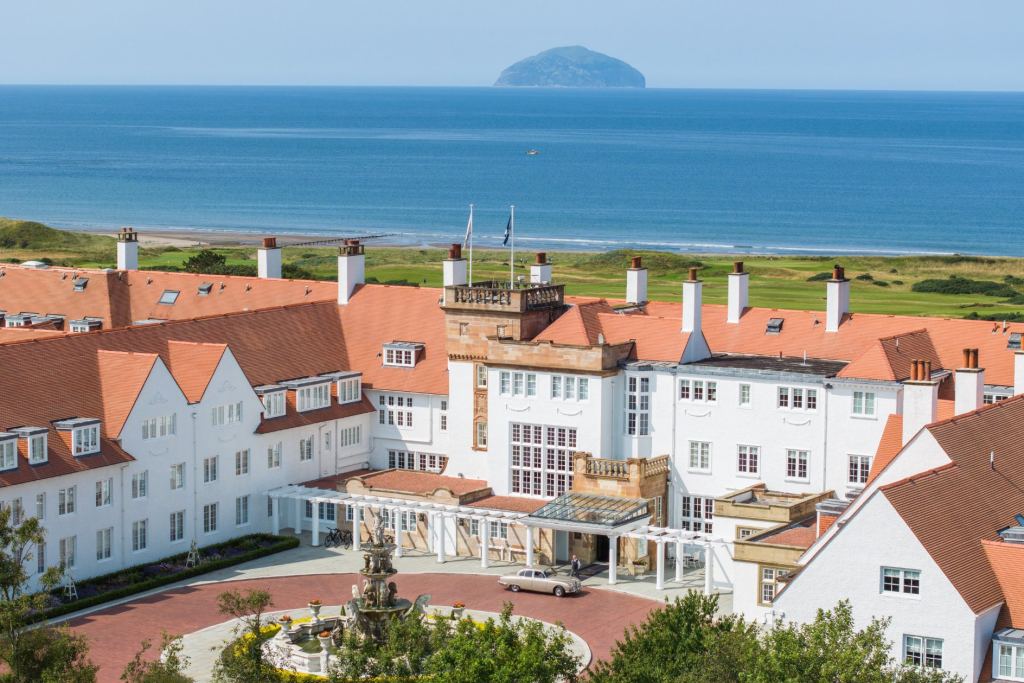 The hotel entrance with the sea beyond
