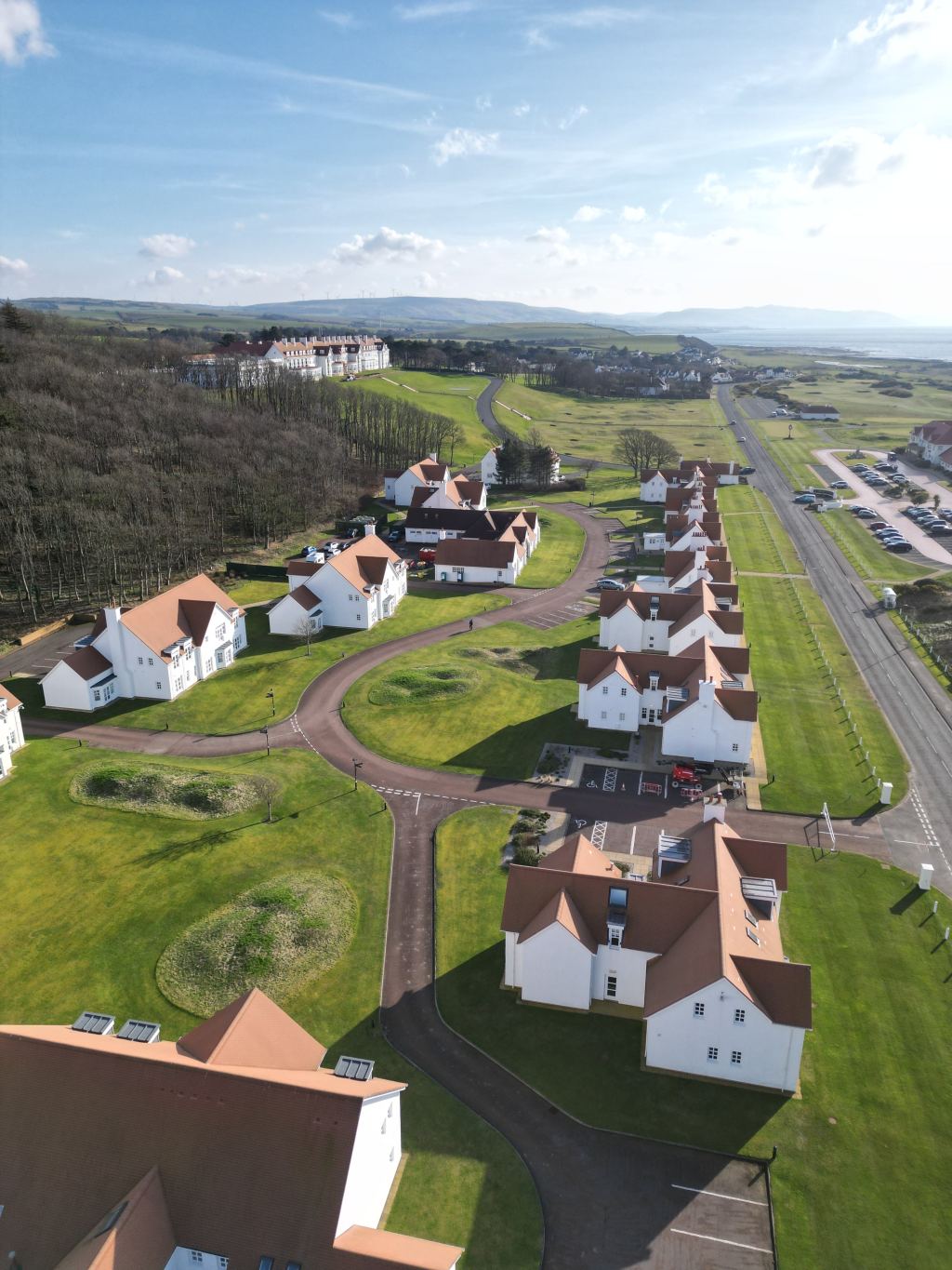 Aerial view of the roads and cottages leading to the resort